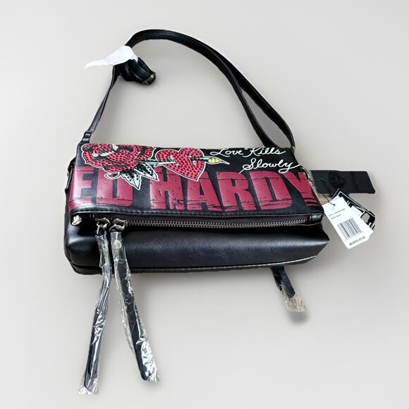 ED HARDY Love Kills Slowly BLK Rhinestone XBODY CLUTCH Rose Y2K Tattoo Skull - Picture 5 of 16